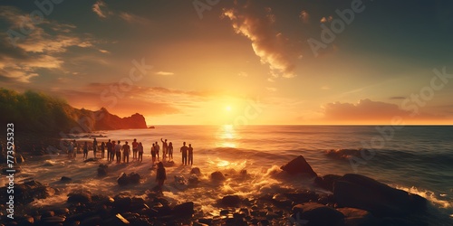 Silhouette of a group of people on the beach at sunset photo
