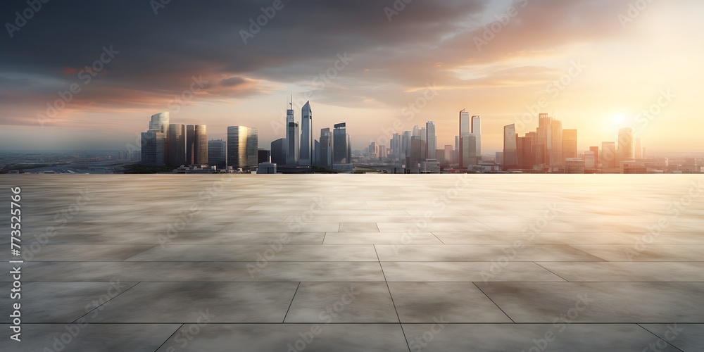 Empty square floor and modern city skyline with buildings in Hangzhou at sunset