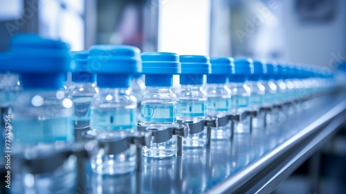 Pharmaceutical bottles are neatly lined up on a conveyor belt at a pharmaceutical production facility