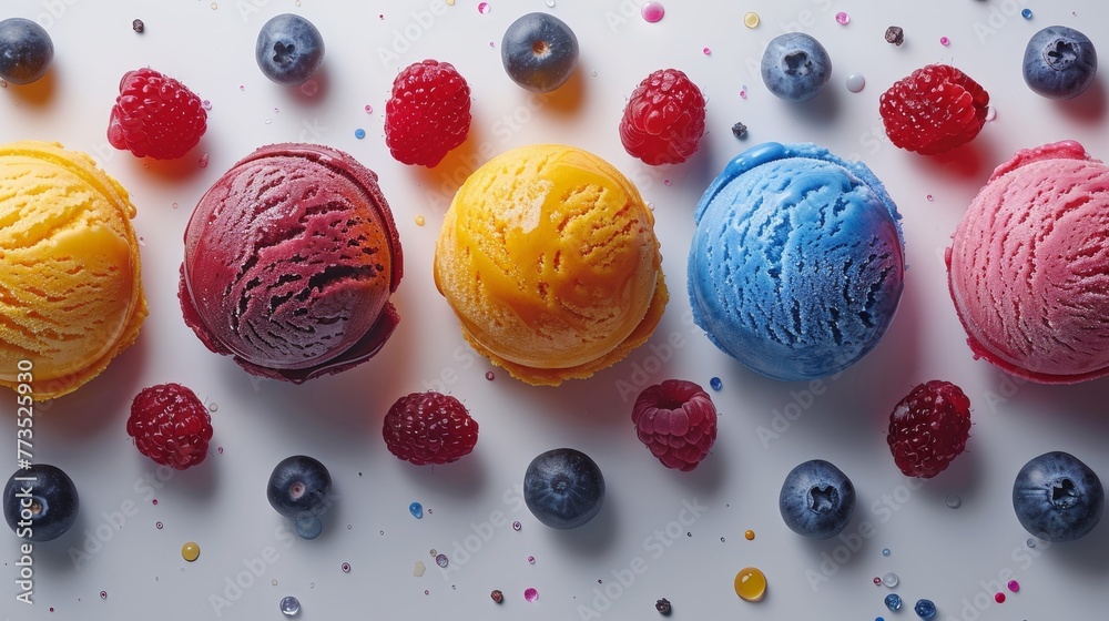 Cutout of ice cream scoop ball with fruits topping. Many different flavours of ice cream for artwork design mockup. - obrazy, fototapety, plakaty 