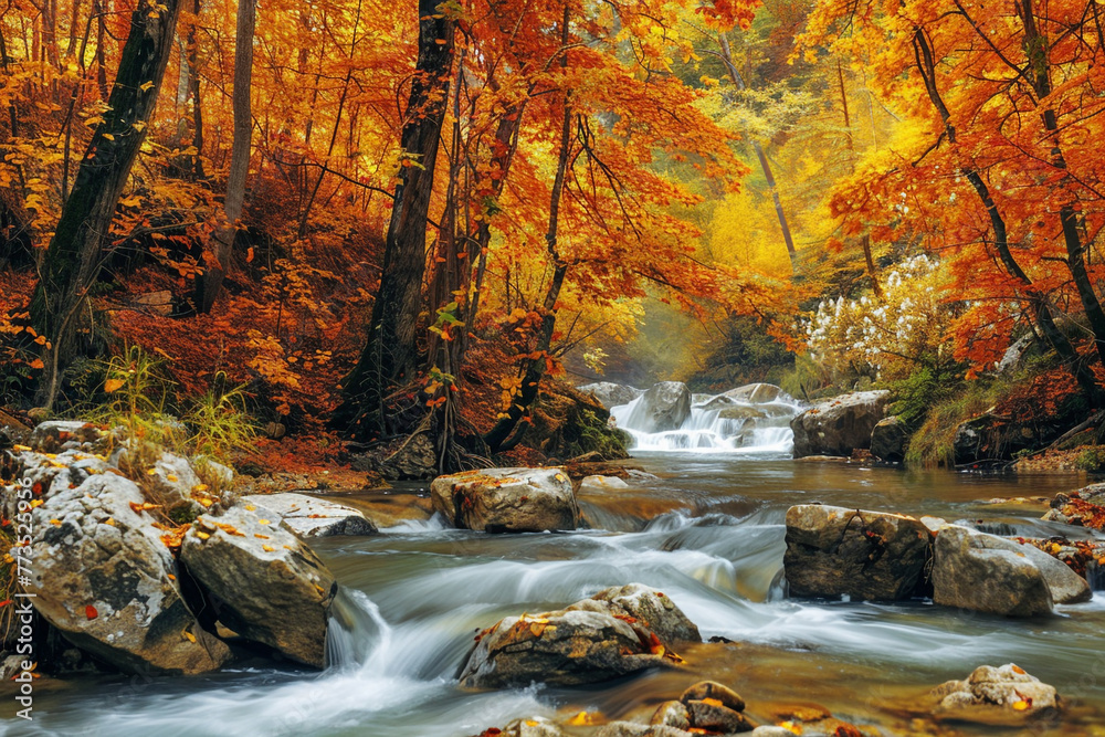 A serene autumn landscape with a river flowing through colorful trees. A serene autumn landscape with a river flowing through colorful trees.