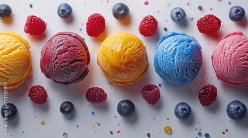 Cutout of ice cream scoop ball with fruits topping. Many different flavours of ice cream for artwork design mockup. photo
