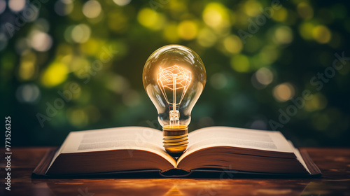 bright Light bulb on open book with bokeh background