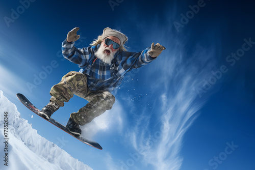 senior Snowboarding in jump on sky background.