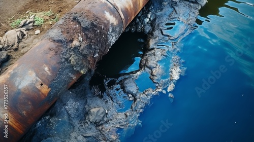 a corroded metal pipe leaking water into a blue river, depicting environmental pollution 