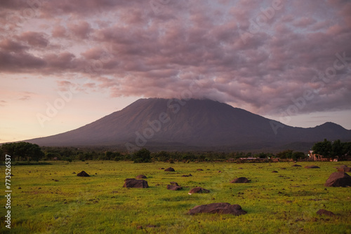 Landscape, view of the sacred volcano Agung, at dawn, Bali island. photo