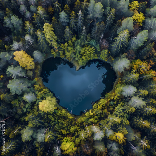 A heart shaped lake in the forest 