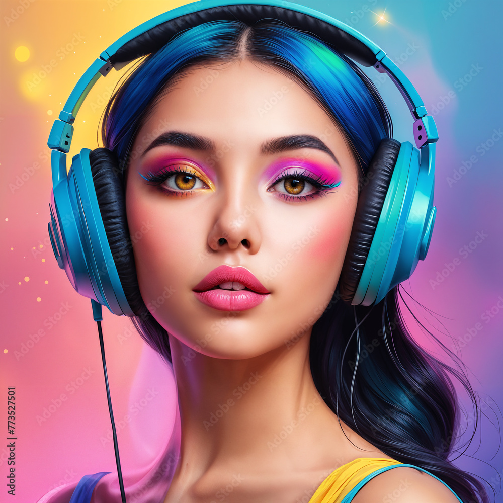 A woman wearing headphones and having her face painted with bright colors, such as pink and blue. She is posing for the picture and looking at the camera. - obrazy, fototapety, plakaty 