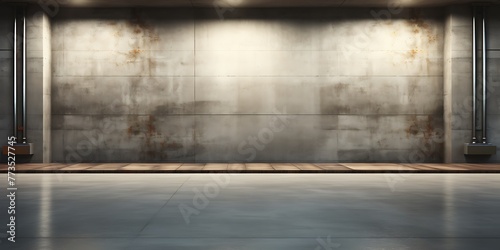 3D rendering of an empty warehouse with a metal wall and floor © Graphicsstudio 5