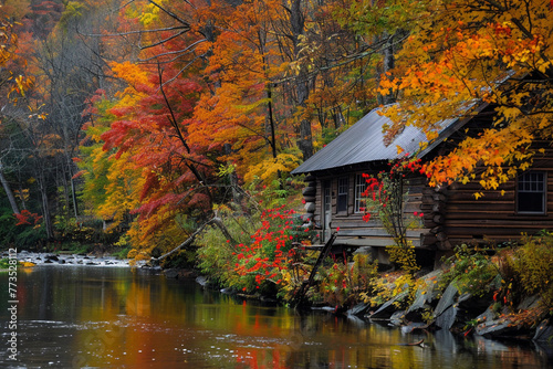 A serene autumn scene with a rustic cabin nestled among colorful trees beside a tranquil river.