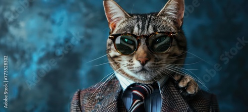 Portrait of a cat in a business suit and blue glasses
