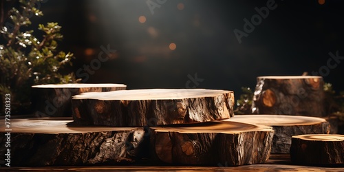 Wooden podium for product display on dark background. 3d rendering