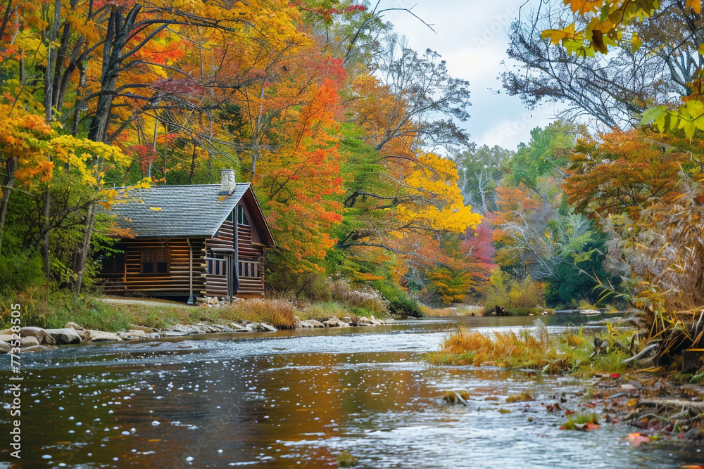 A serene autumn scene with a rustic cabin nestled among colorful trees beside a tranquil river.