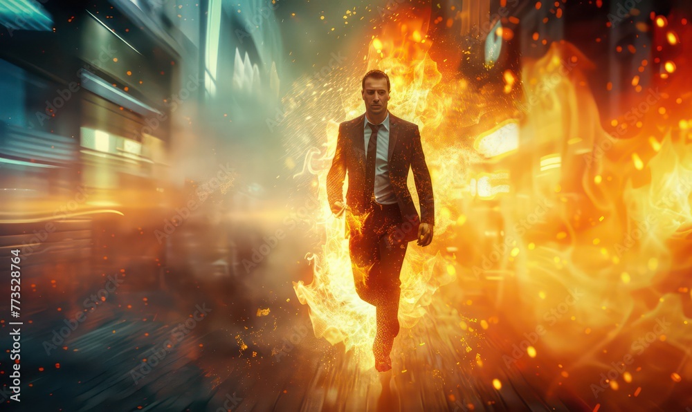 Businessman on fire running with a sense of urgency and rush Businessman on fire running with a sense of urgency and rush