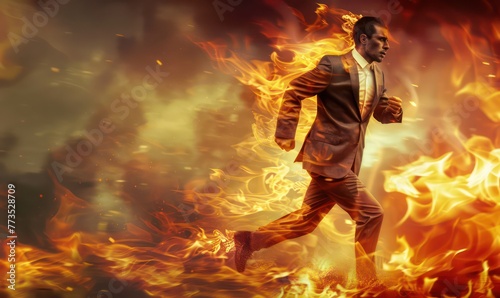 Businessman on fire running with a sense of urgency and rush