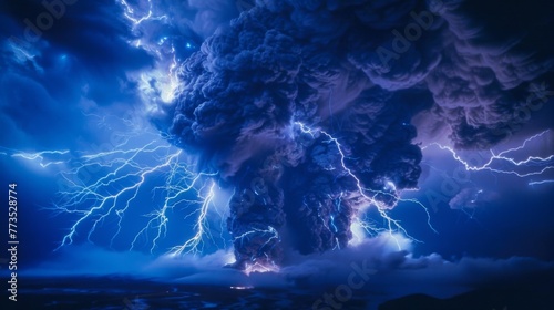 Intense flashes of blue lightning striking down from a billowing ash cloud as lava spews out from a raging volcano in the background.