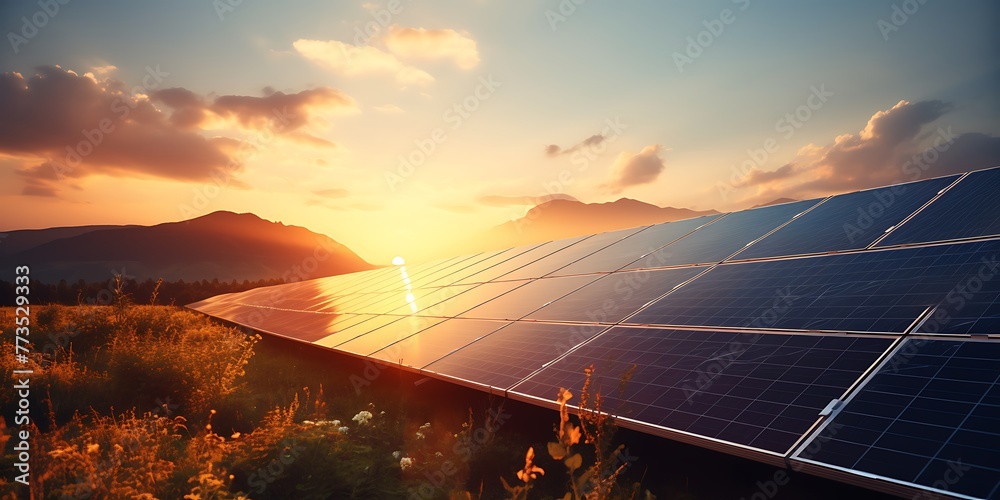 solar energy panels on sunset sky background 3d rendering image. - obrazy, fototapety, plakaty 