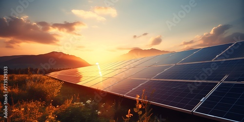 solar energy panels on sunset sky background 3d rendering image. photo
