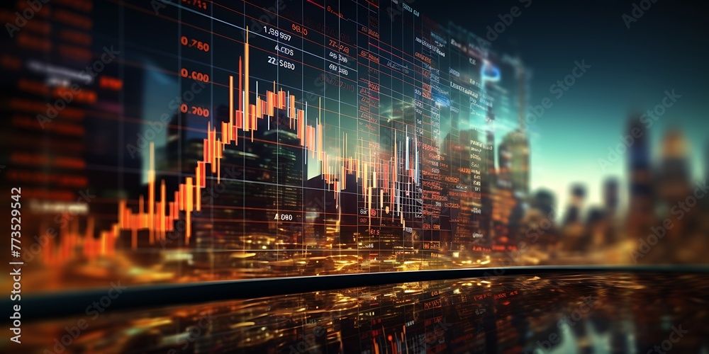 Forex trading graph and chart on night city. Financial and stock market concept. Double exposure