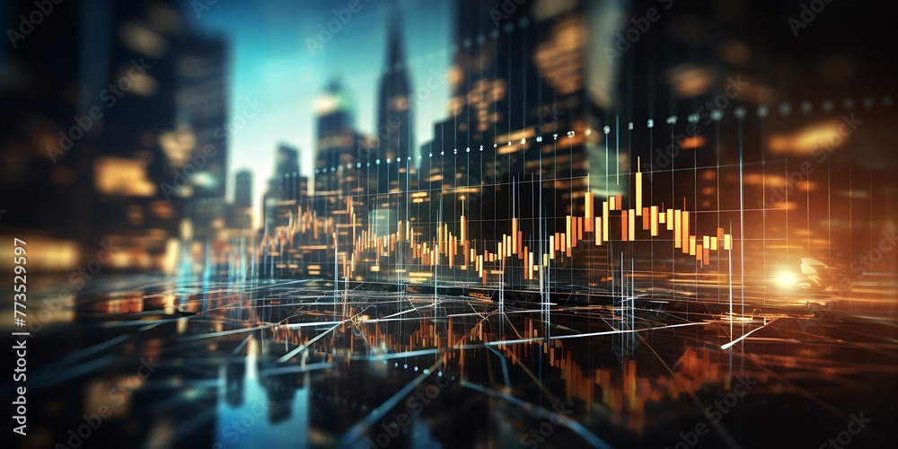 Forex trading graph and chart on night city. Financial and stock market concept. Double exposure - obrazy, fototapety, plakaty 