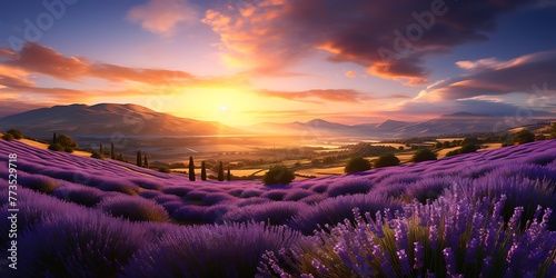 Beautiful landscape with purple flowers and mountain at sunset. 3d render