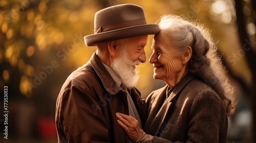 Portrait of sweet smiling old couple loving, hugging each other, cinematic shoot. Mature happy senior couple