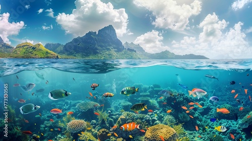 A beautiful mountain and clouds view from the ocean includes an underwater world populated with fish