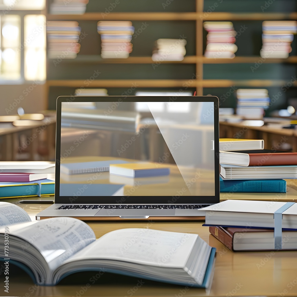Mockup image of a laptop with transparent screen, surrounded by notebooks and textbooks in a cozy school classroom setting. Mockup image of a laptop with transparent screen, surrounded by notebooks and textbooks in a cozy school classroom setting.