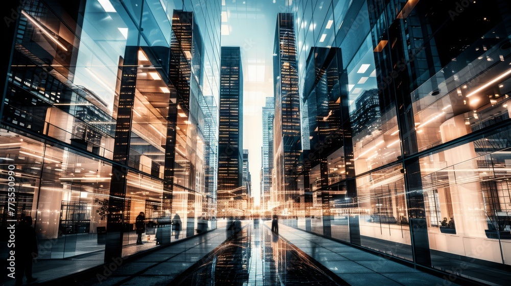Multiple exposure of office buildings, exteriors and architecture reflecting the fast-paced business atmosphere in an ever-evolving and changing business world. 