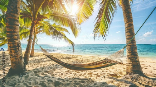 A hammock strung between two palm trees on a beach embodies the ultimate holiday and vacation dream. Bahamas photo