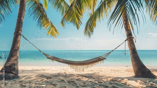 A hammock strung between two palm trees on a beach embodies the ultimate holiday and vacation dream. Bahamas