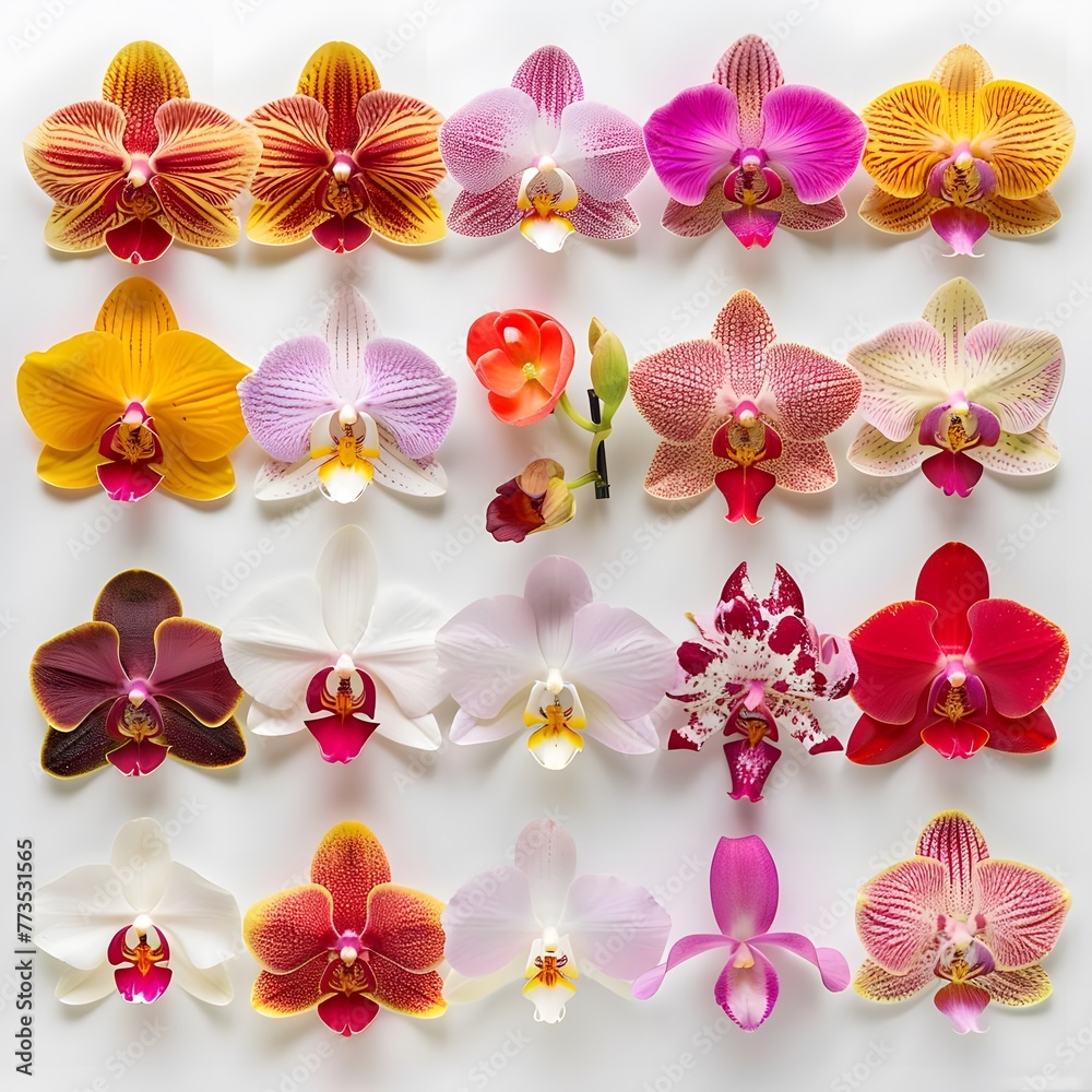 Obraz premium Stunning arrangement of vibrant colorful orchid flowers on white background, highlighting the intricate details and natural beauty of each flower.