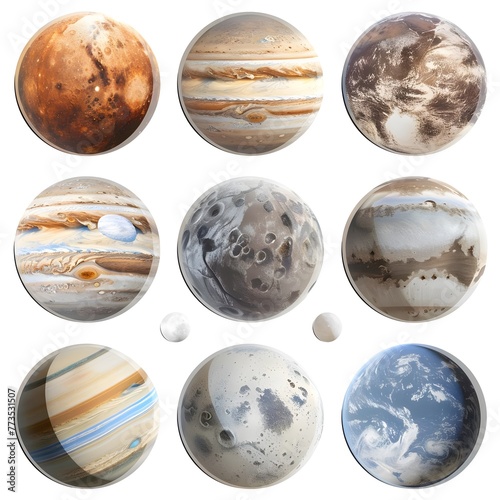 Set of realistic planets on white background, portraying a variety of celestial bodies in our universe.