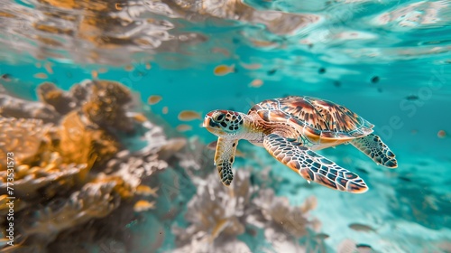 A young Hawksbill Turtle glides through the waters of Nassau, Bahamas