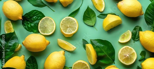 Creative food summer citrus fruits banner panorama wallpaper, seamless pattern texture - Top view of many fresh lemons. Flat lay, top view, copy space