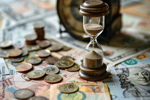 Time is money - Hourglass and currencies symbolizing wise financial planning over time for future prosperity by strategic budgeting, saving and investing.