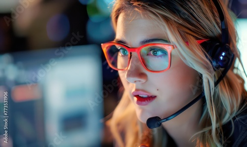 Smiling young business woman wearing a headset answering calls at a client service centre or wanting to communicate hands free while continuing to work in her office © Ibad