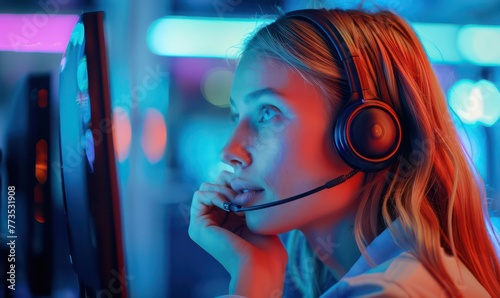 Smiling young business woman wearing a headset answering calls at a client service centre or wanting to communicate hands free while continuing to work in her office