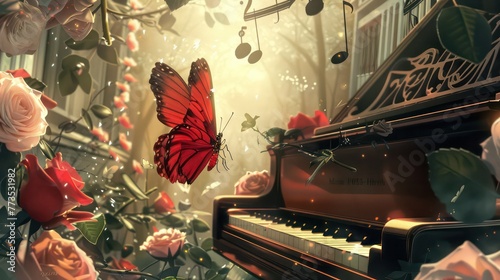 Red butterfly is flying over the piano, surrounded by musical notes and roses