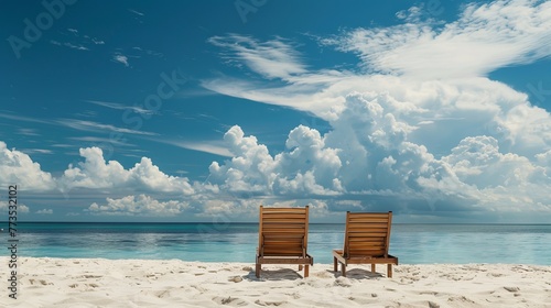Beach chairs set against white sand and a cloudy blue sky invite relaxation and leisure. Bahamas © Orxan
