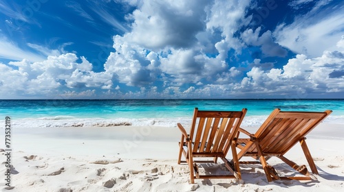 Beach chairs set against white sand and a cloudy blue sky invite relaxation and leisure. Bahamas