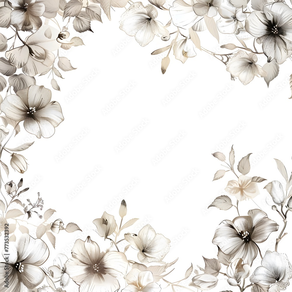 Elegant white background with a floral frame, exuding refined beauty and gentle elegance. Elegant white background with a floral frame, exuding refined beauty and gentle elegance.