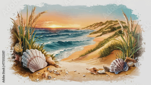 Enchanting Sunset Seashore: A Vintage-Inspired Oceanic Painting photo