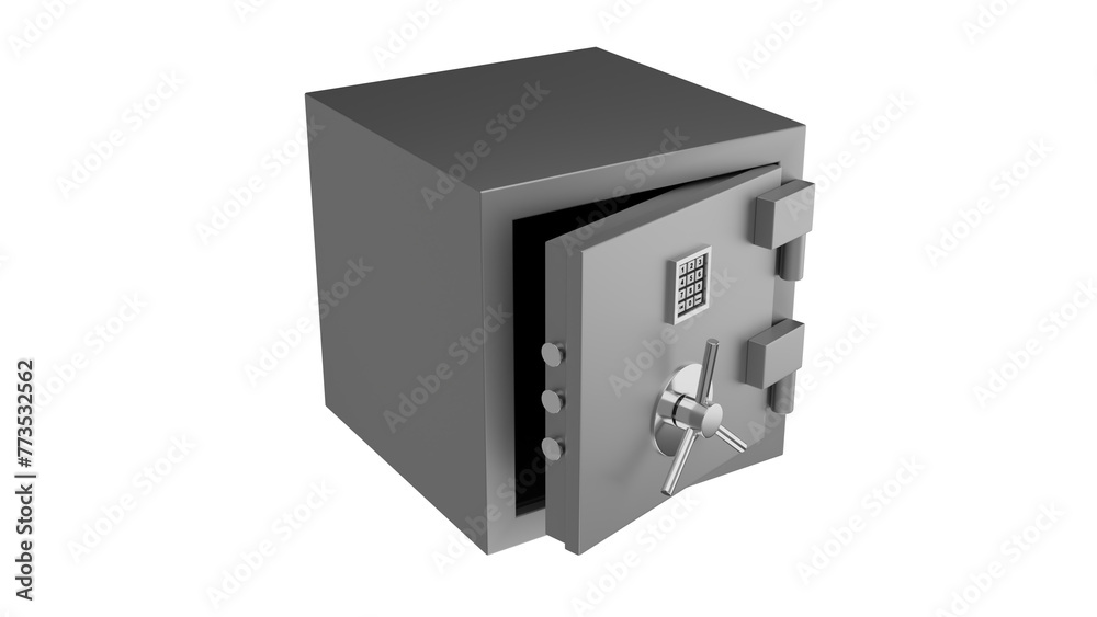 Opened metal code safe with keyboard lock isolated on transparent and white background. Safe concept. 3D render Opened metal code safe with keyboard lock isolated on transparent and white background. Safe concept. 3D render