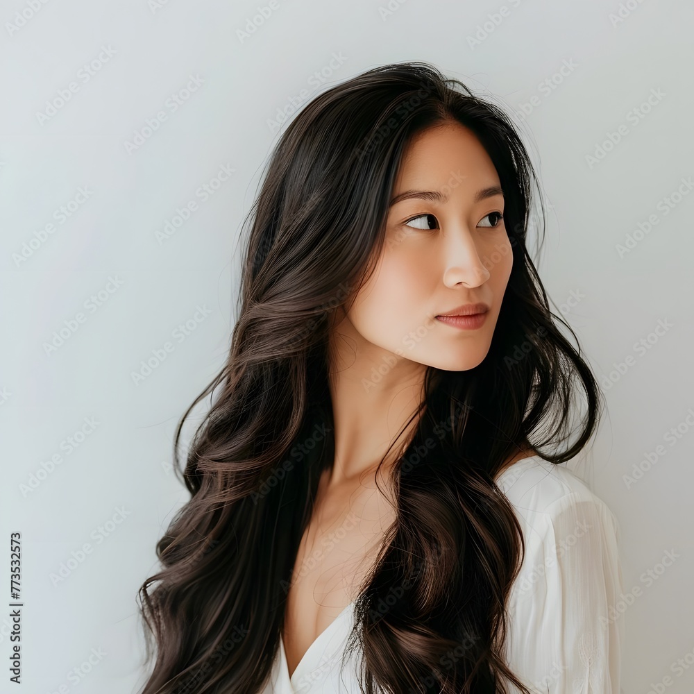 An elegant and sophisticated image of an Asian woman with long hair, styled in a beautiful way for a beauty theme. An elegant and sophisticated image of an Asian woman with long hair, styled in a beautiful way for a beauty theme.