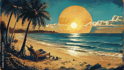 Enchanting Sunset Seashore: A Vintage-Inspired Oceanic Painting photo