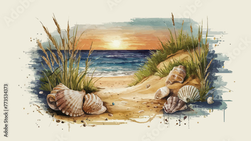 Enchanting Sunset Seashore: A Vintage-Inspired Oceanic Painting photo