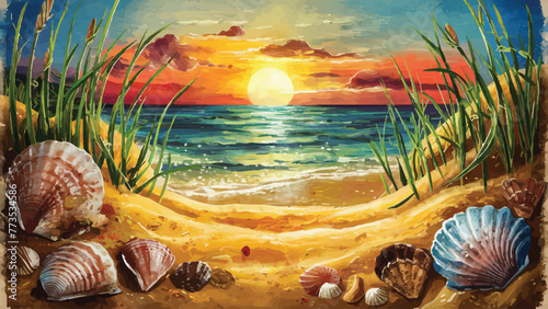 Enchanting Sunset Seashore: A Vintage-Inspired Oceanic Painting photo