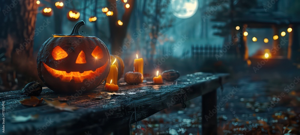 Halloween pumpkin head jack lantern with burning candles - obrazy, fototapety, plakaty 
