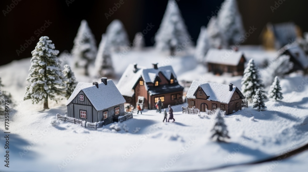Miniature snowy village scene in winter
